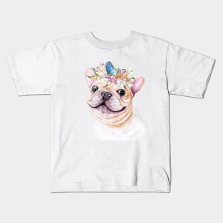 Cute French Bulldog Puppy with Butterfly and Flowers Illustration Art Kids T-Shirt